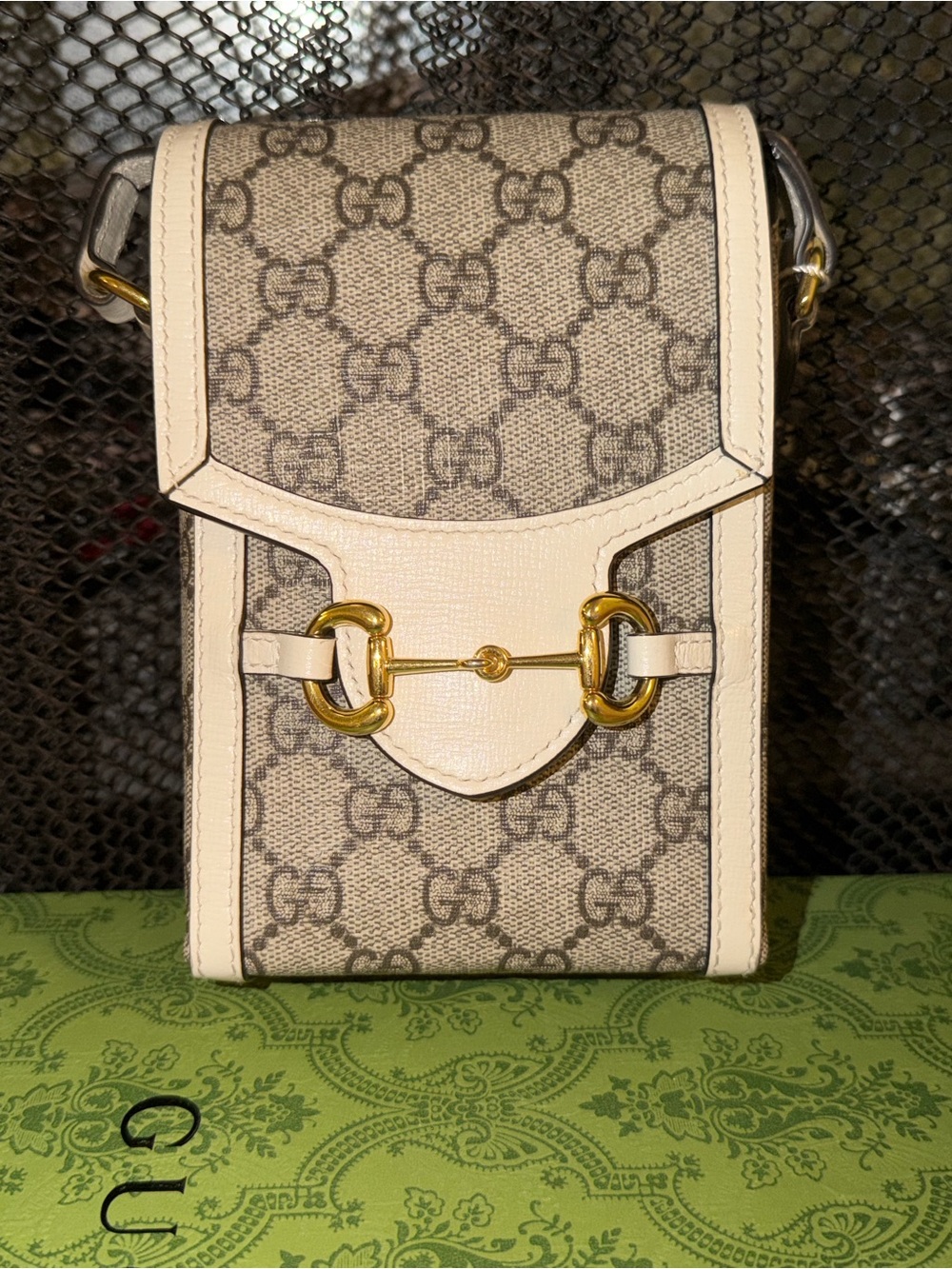 Gucci Beige/Blush GG Canvas Horsebit Crossbody Phone Pouch